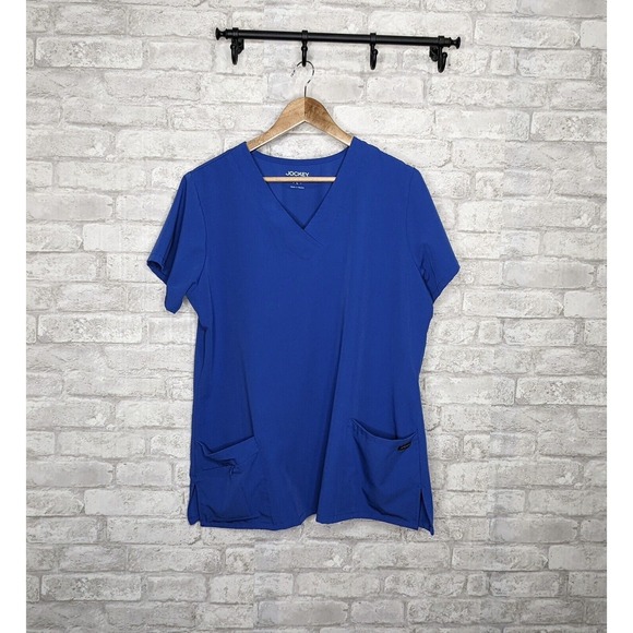 Jockey Scrub Top Blue Polyester Rayon Spandex Stretch‎ Pockets Womens Size L - Picture 1 of 11